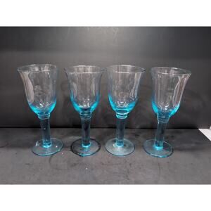 Hand Blown Sky‎ Blue Wine Glasses, Long Stem, Vintage Set of 4, Heavy Glassware